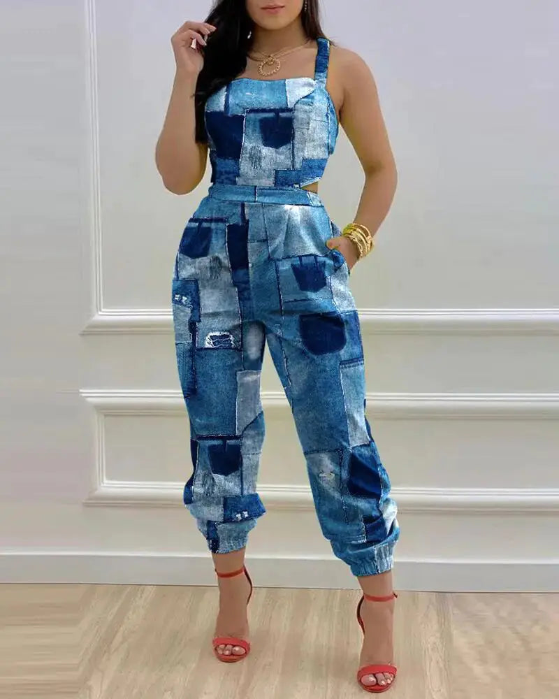 Printed Strapless Jumpsuit Strapping Loose Pants