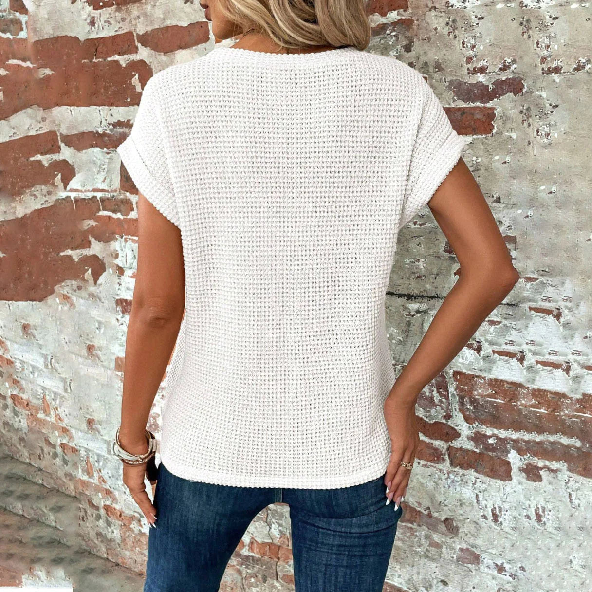 Chic and Comfy: Summer Solid Color Waffle Crew Neck Tee for Women