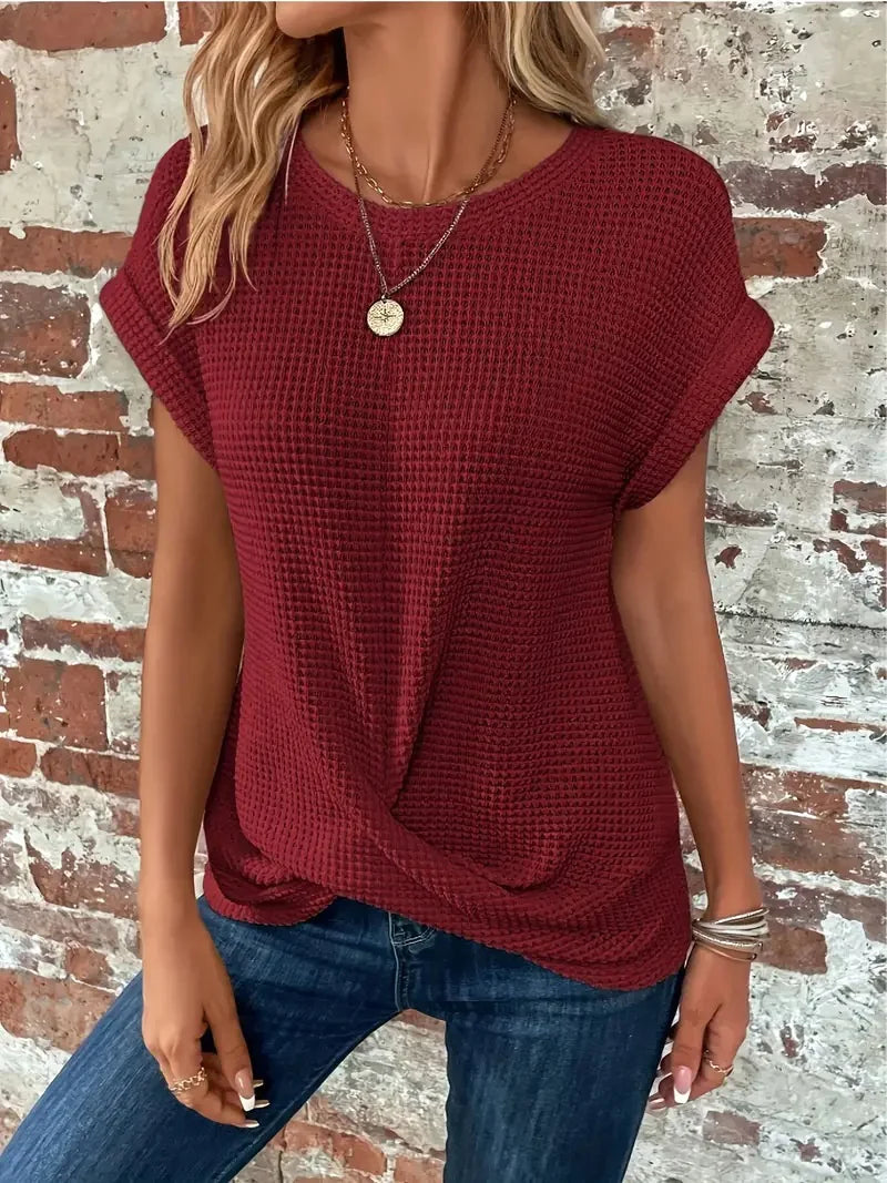 Chic and Comfy: Summer Solid Color Waffle Crew Neck Tee for Women