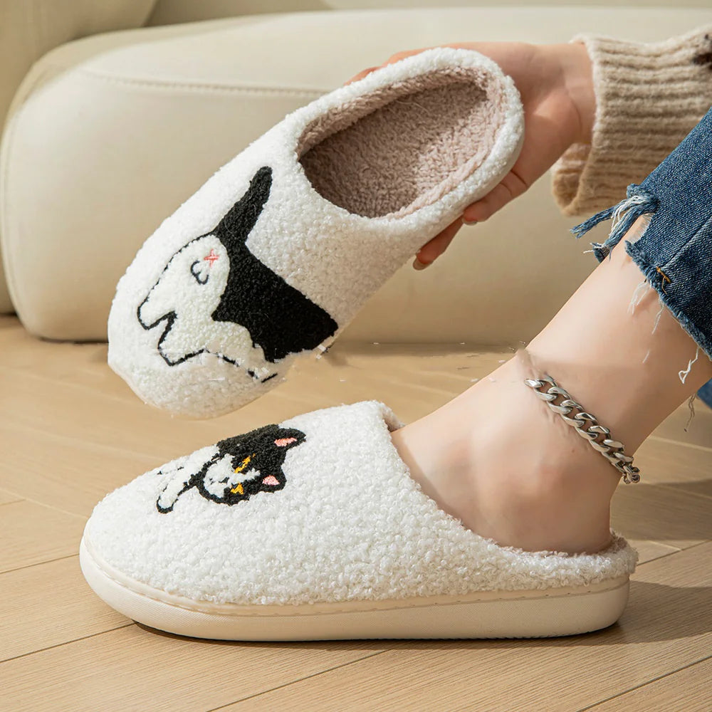 Plush Cotton Slippers For Women - Black Cat Design