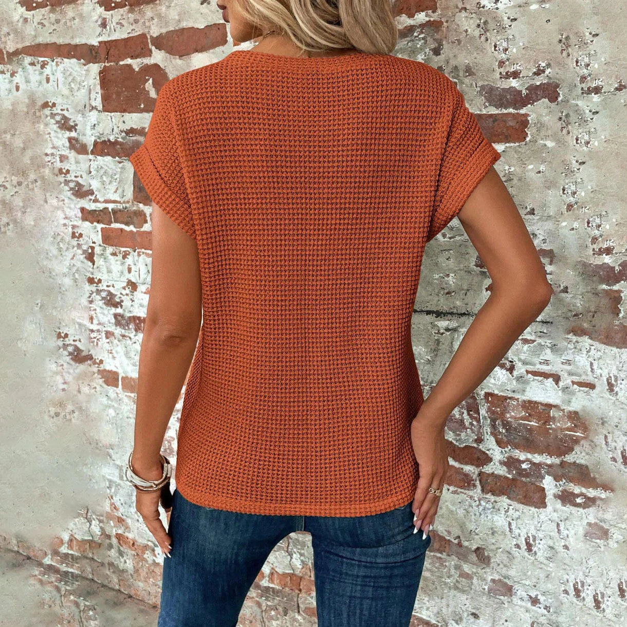 Chic and Comfy: Summer Solid Color Waffle Crew Neck Tee for Women