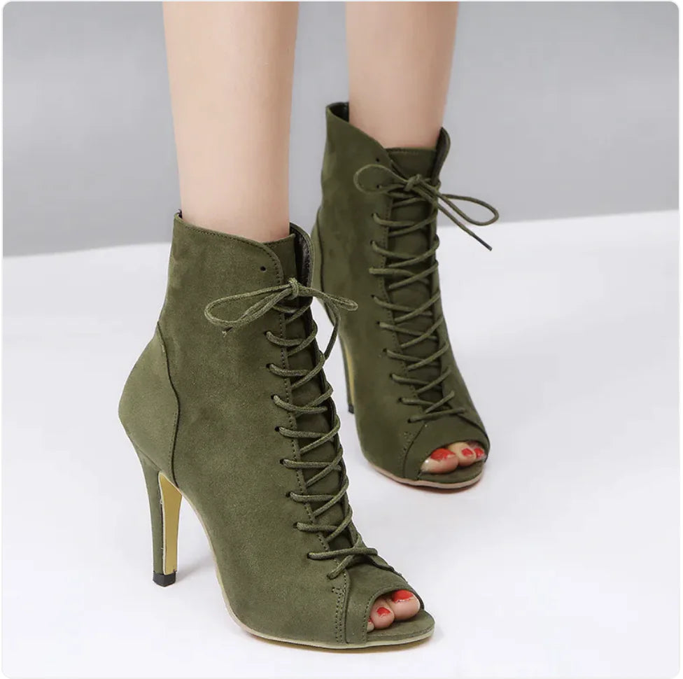 Peep-Toe Lace-Up Ankle Boots